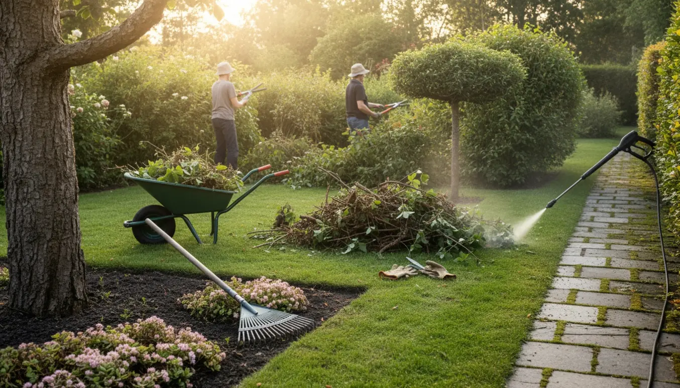 To havefolk beskærer buske og rydder grene i en ældre have, med nyafgrænsede bedkanter og rensede fliser.