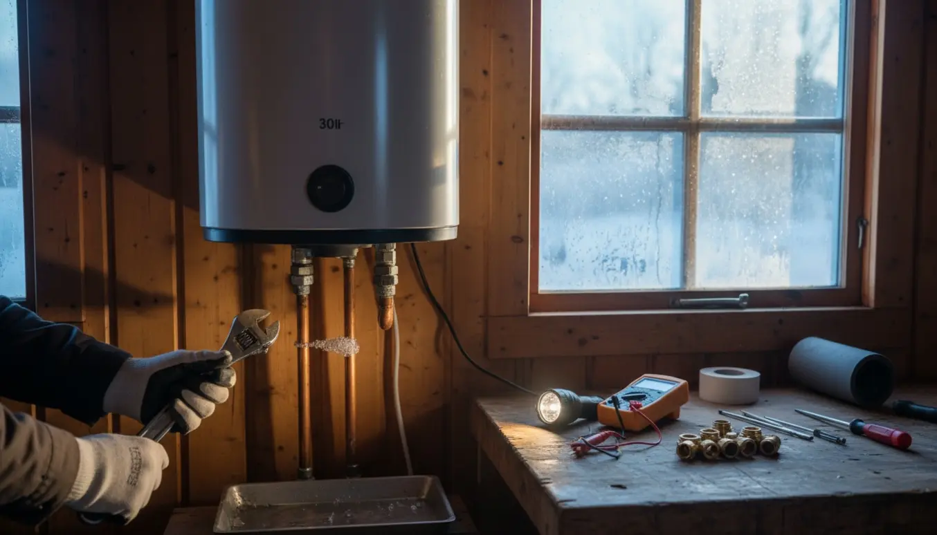 Hænder inspicerer en væghængt Metro 30-vandvarmer med eksponeret rør og værktøj i kolonihavehuset ved frosteftersyn.