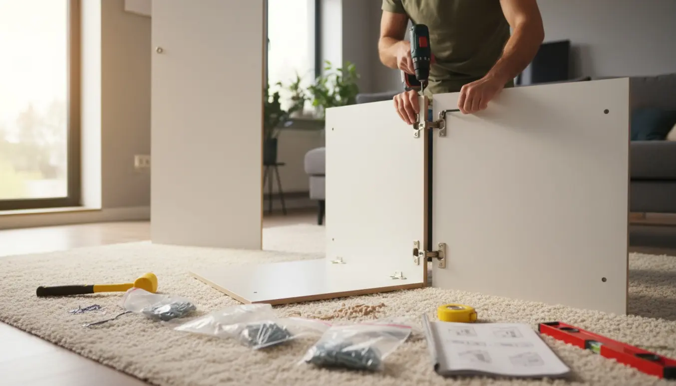 Nærbillede af hænder, der samler et hvidt garderobeskab med værktøj i et lyst, ryddeligt rum.