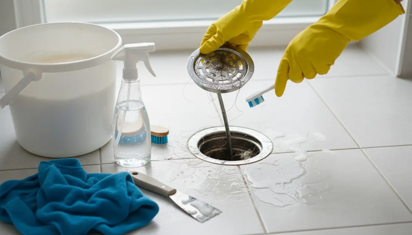 Hænder med gule handsker løfter en bruserafløbsrist og bruger en afløbsrenser for at fjerne snavs og kalk.