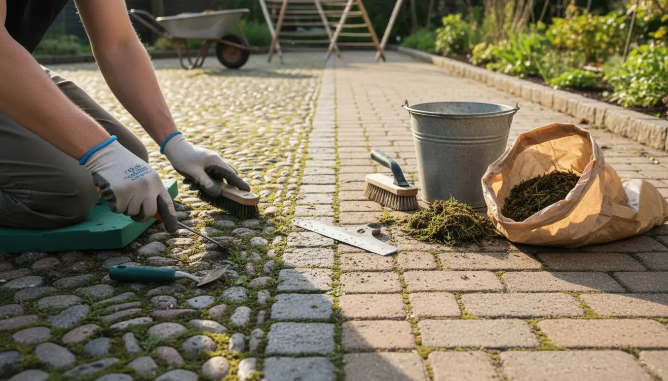 Nærbillede af hænder, der kemifrit renser mos og ukrudt mellem pigsten og herregårdssten med skraberværktøj og børste.