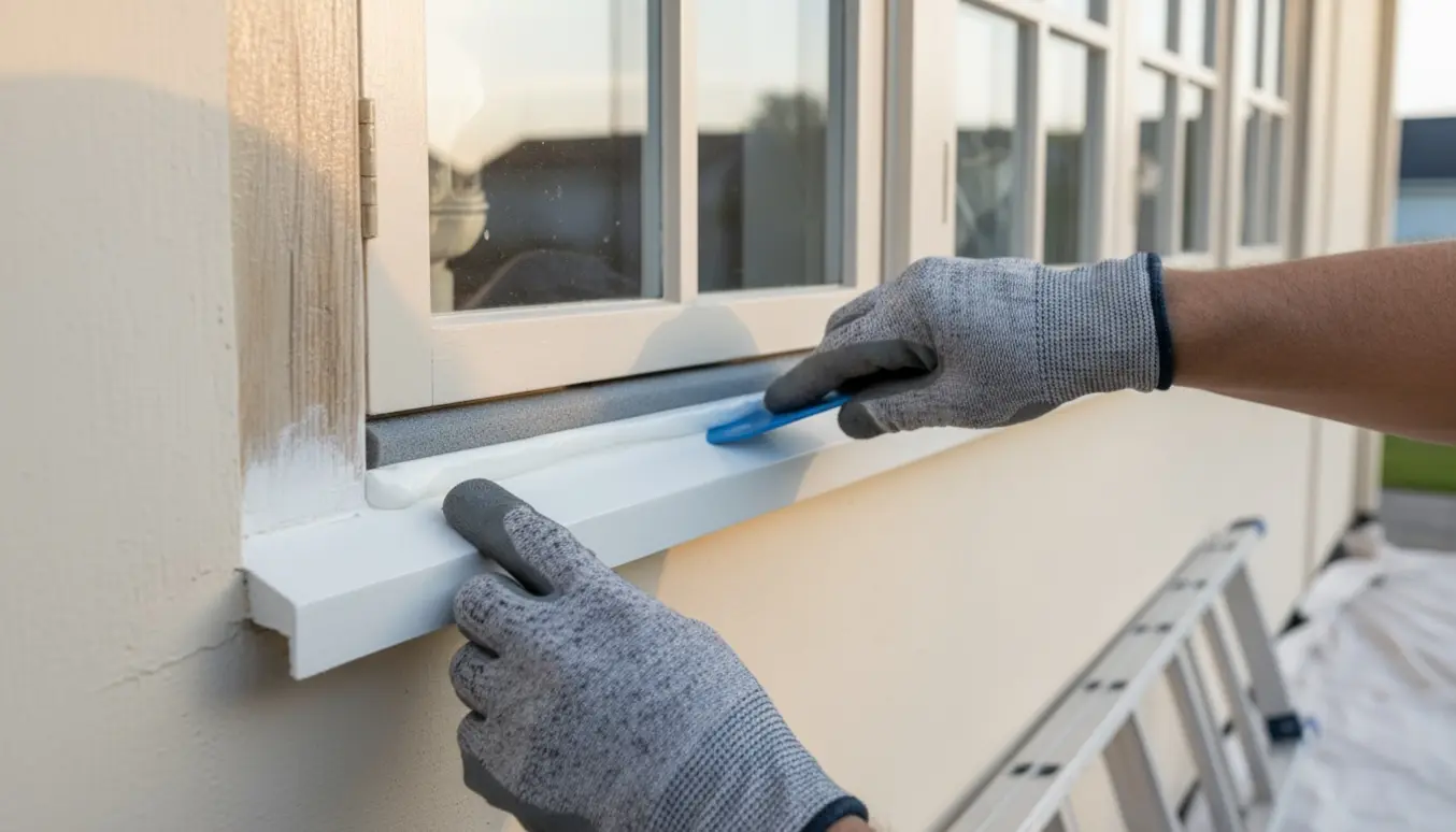 Hænder fuger udvendige vinduesfuger med fugepistol og synlig fugebund.