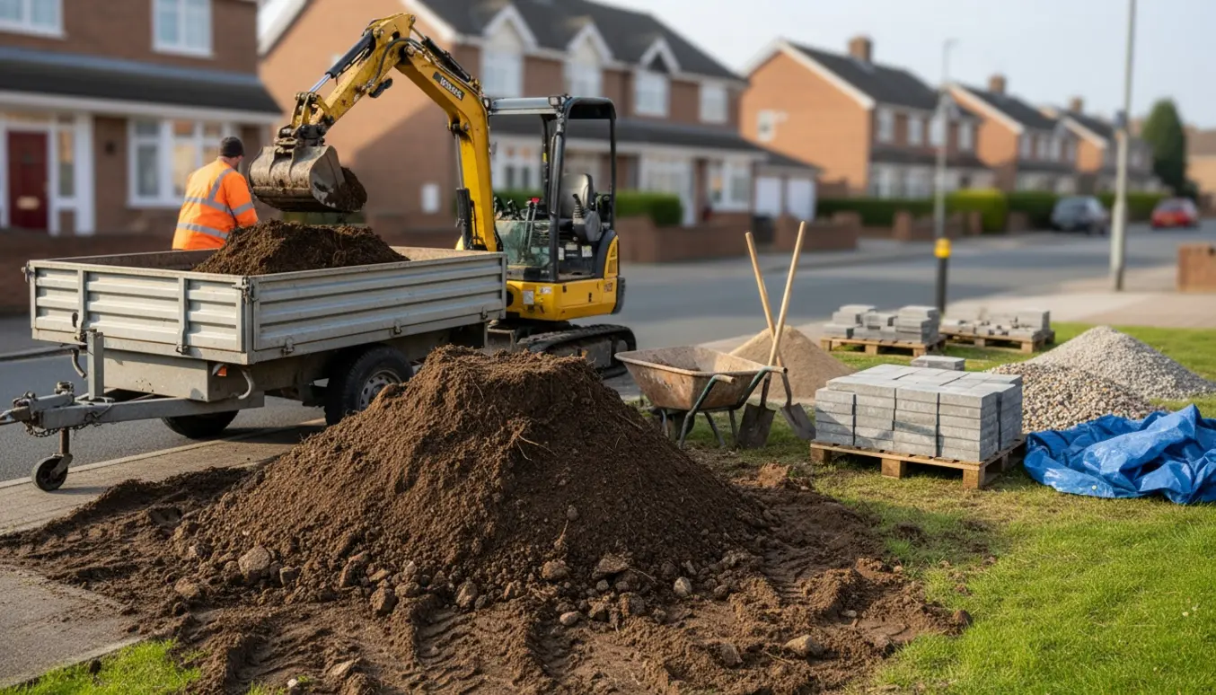 Stor bunke jord ved vejkanten læsses i en trailer med skovl og minigraver klar til fjernelse ved ny brolægning.
