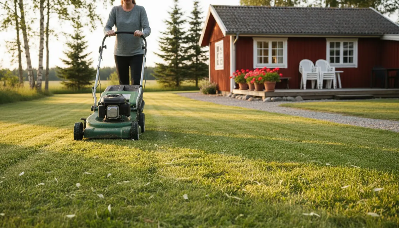 En person ses bagfra, der slår græsset ved et sommerhus med en plæneklipper og efterlader stribede plæner.