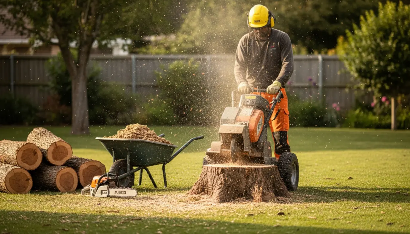 En arborist fræser en træstub væk i en have, mens træflis flyver omkring.