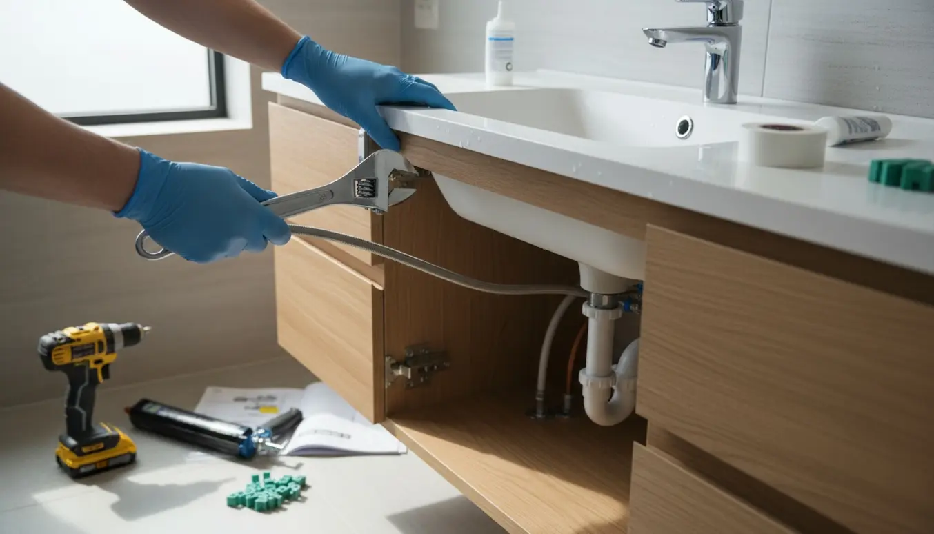 Montering af hvid vask og træskab på badeværelse med værktøj og hænder ved vandhanen.