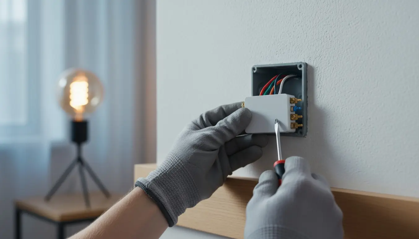 Nærbillede af hænder, der monterer en LED-lysdæmper i en væg med en dæmpet LED-lampe i baggrunden.