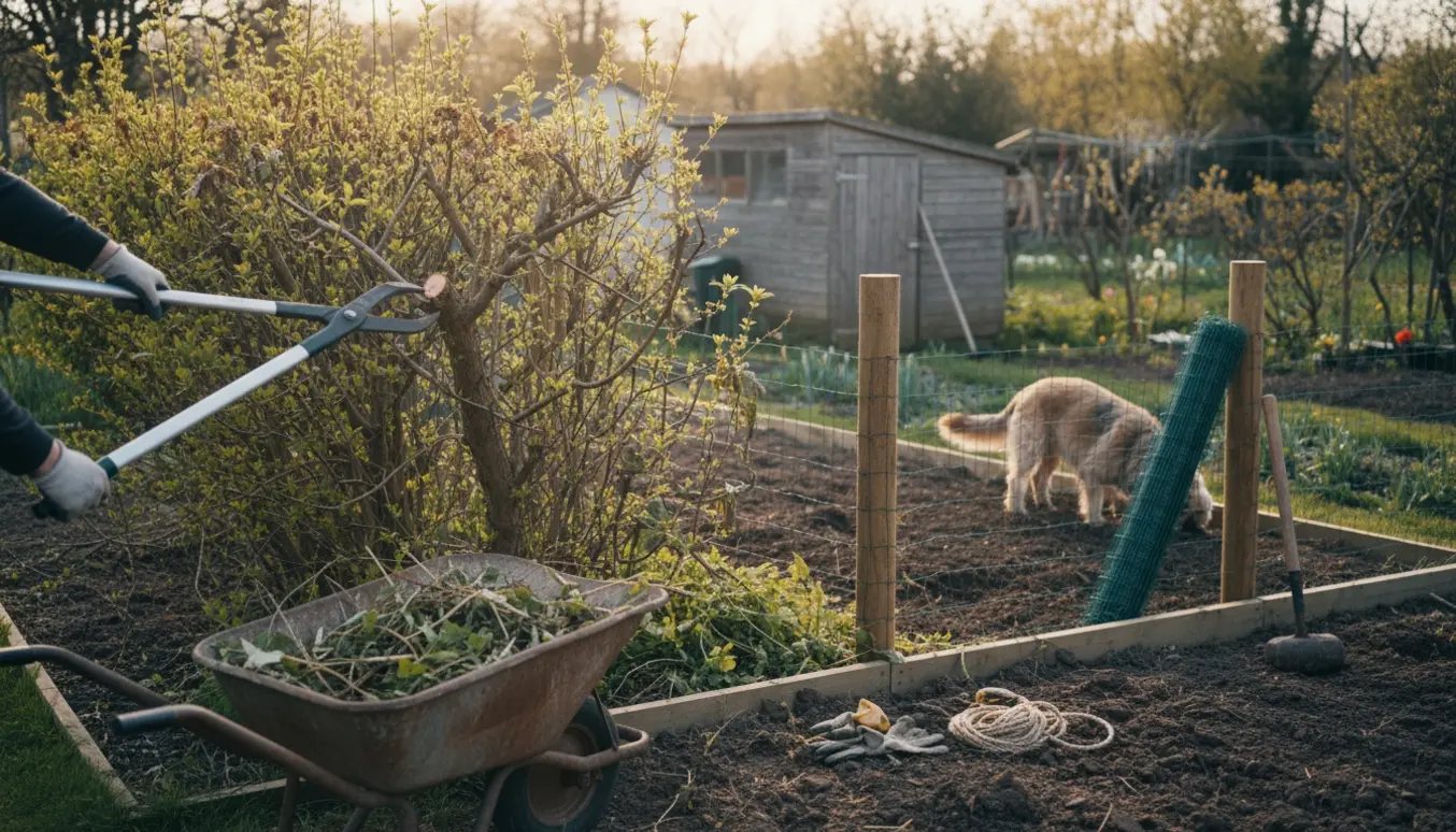 Havestrimning i kolonihave med handsker, afklip og hegnsmaterialer ved et hjørne, hund i baggrunden.