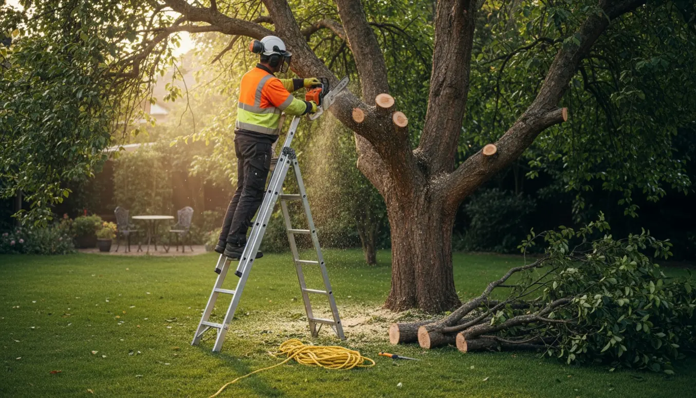 Person på stige beskærer trætoppen, så naboens have igen får sol.
