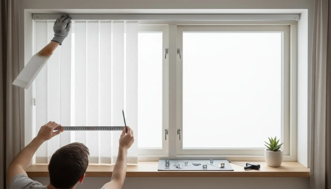 Hænder monterer og tilpasser lamelgardiner ved et vindue med målebånd og sav.