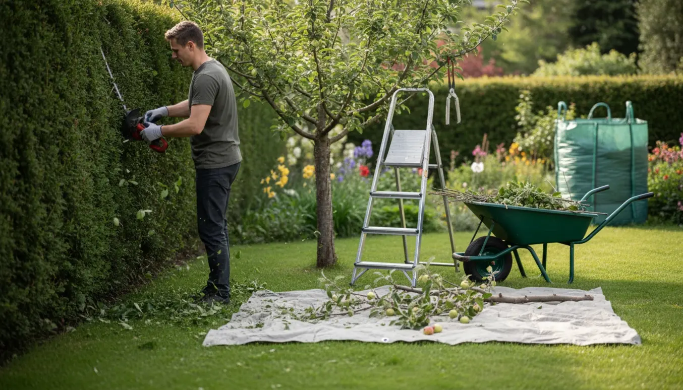 Hæk klippes og et æbletræ beskæres i haven, med handsker, beskærersakse og trillebør fyldt med afklip.