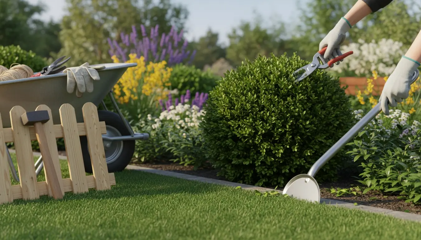 Nærbillede af forårsklargøring i have med hækkesaks, kantafretning og et lille hegn klar til opsætning.