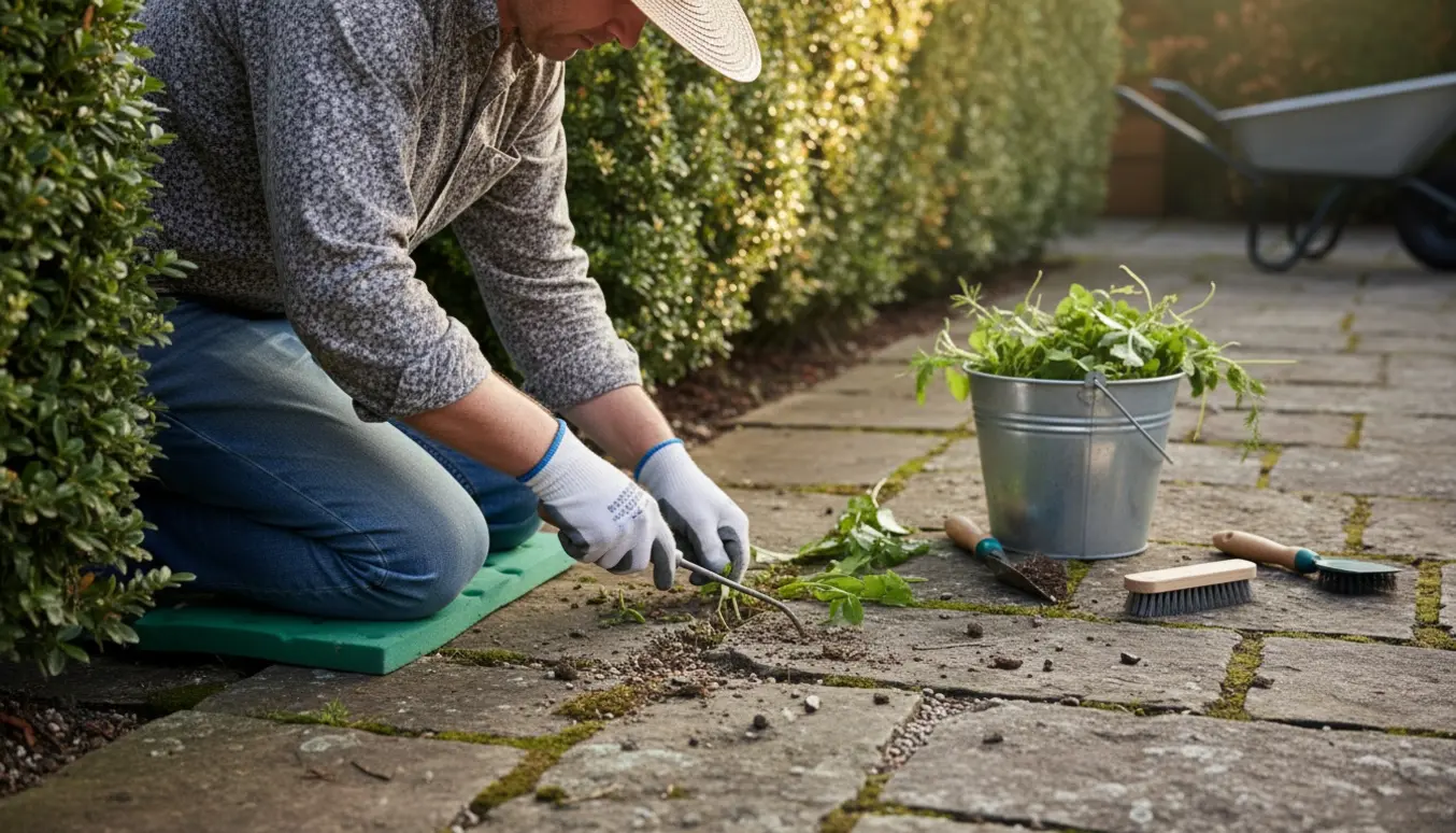 Hænder i havehandsker fjerner ukrudt mellem fliser ved hækens fod på en solrig dag.