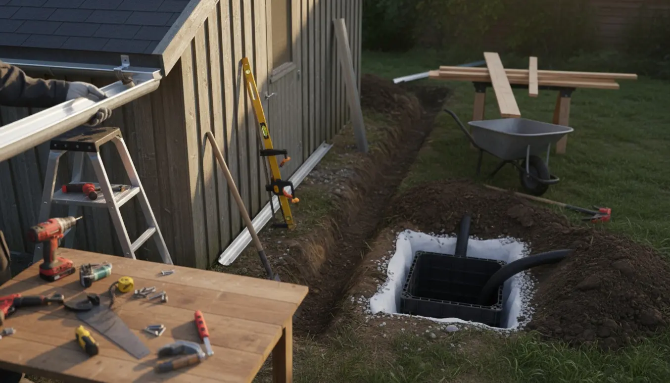 Håndværker monterer tagrende på et lille skur ved en udgravet rende til faskine.
