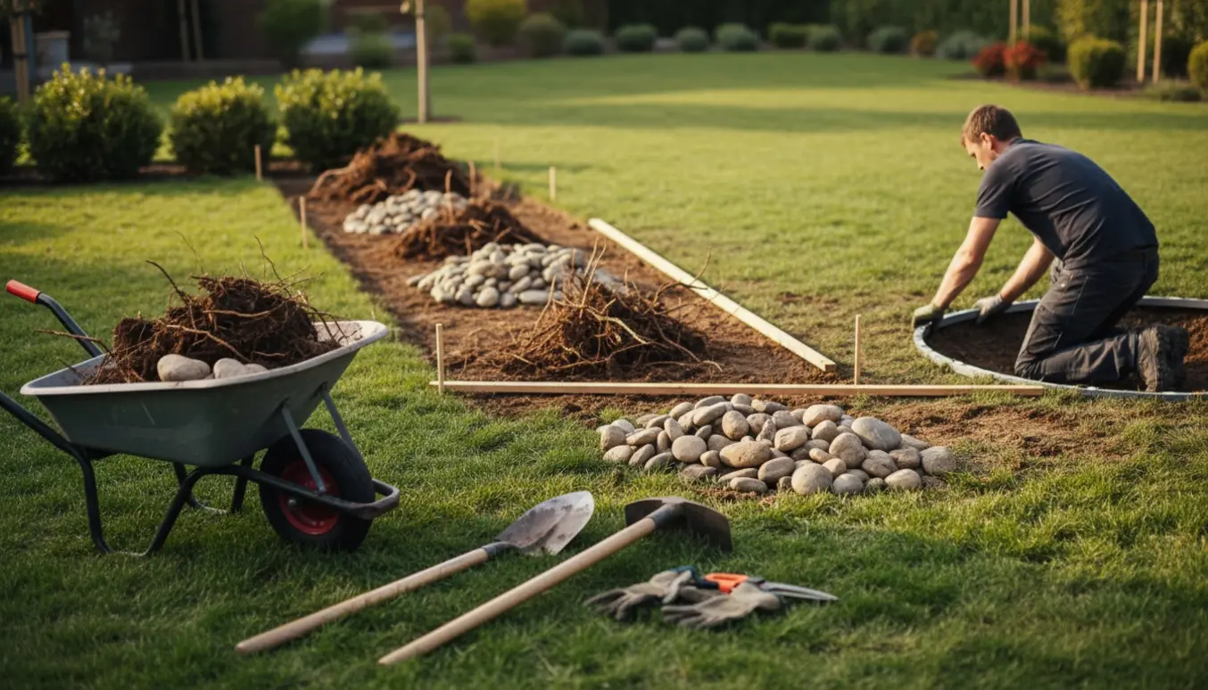 Gravearbejde i have med fjernelse af rødder og sten og en forberedt grav til nedgravning af trampolin.