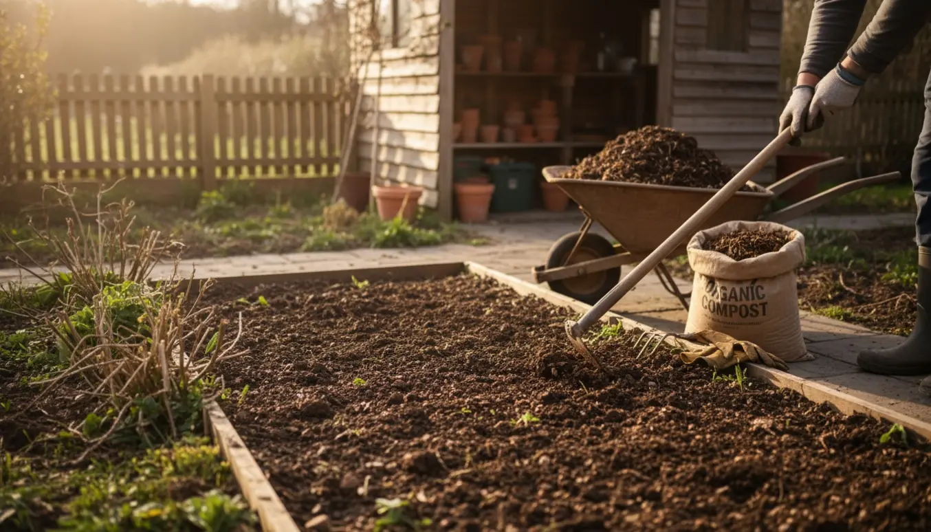 Havebed bliver forberedt til foråret med glovede hænder, rive, kompost og et fyldt trillebår.