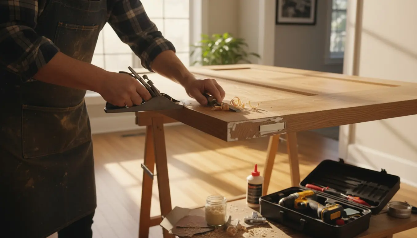 En snedker reparerer en indvendig trædør med håndværktøj og savsmuld i en lys gang.