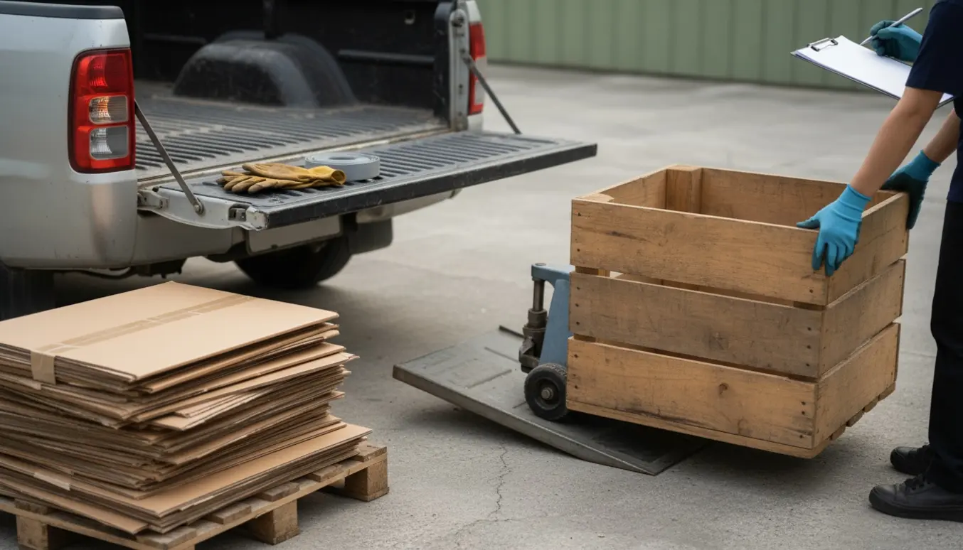 En person aflæsser pap og en trækasse ved en genbrugsmodtagelse med trillebør og clipboard.