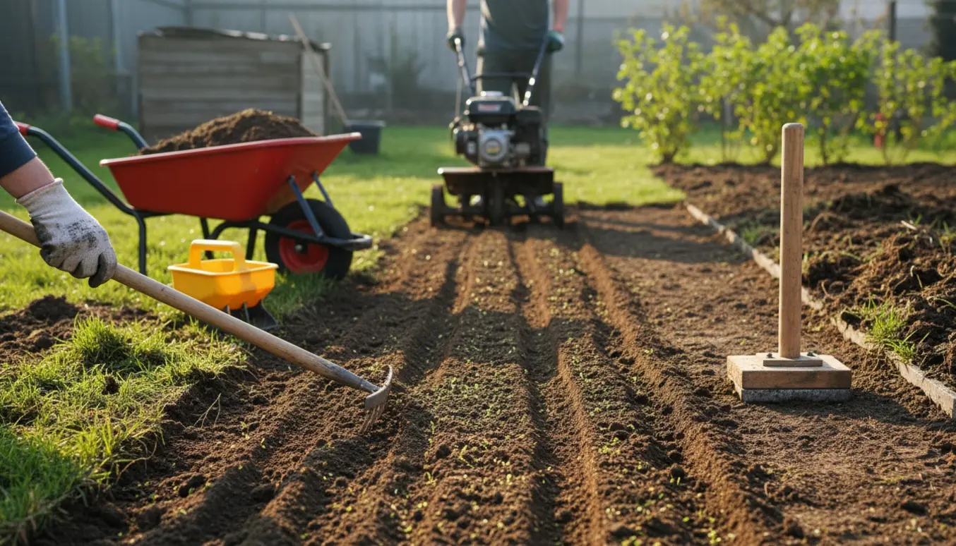 Anlæg af ny have med fræset jord, rive, stampning og såning set i naturligt morgenlys.