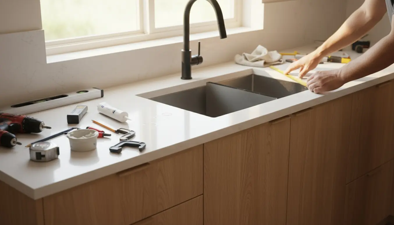 Nærbillede af måling og montering af en køkkenbordplade med ny vask og vandhane i naturligt lys.