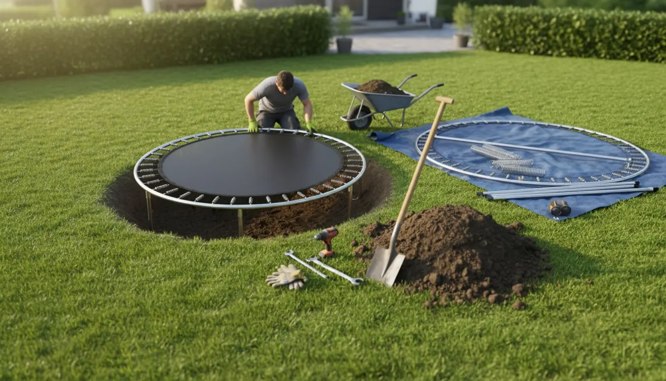 Halvfærdig opsætning af en rund trampolin i haven med gravet hul, trillebør, skovl og værktøj.