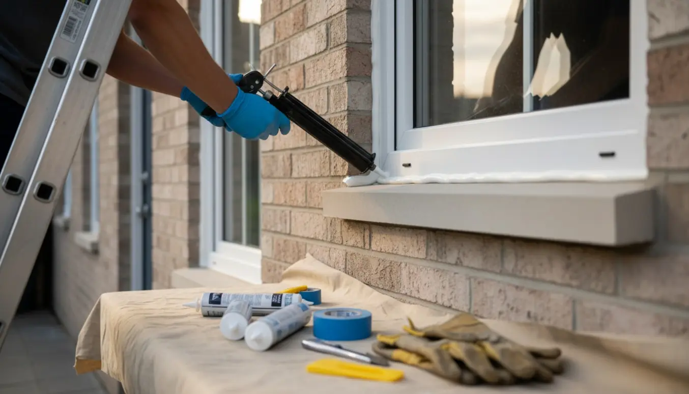 En hånd bruger en fugepistol til at tætne en ny vinduesramme udvendigt med værktøj og et lille kældervindue i baggrunden.