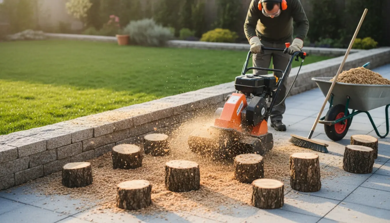 Rodfræser fjerner flere små træstubbe tæt ved et stengærde og fliser med friske træflis spredt omkring.