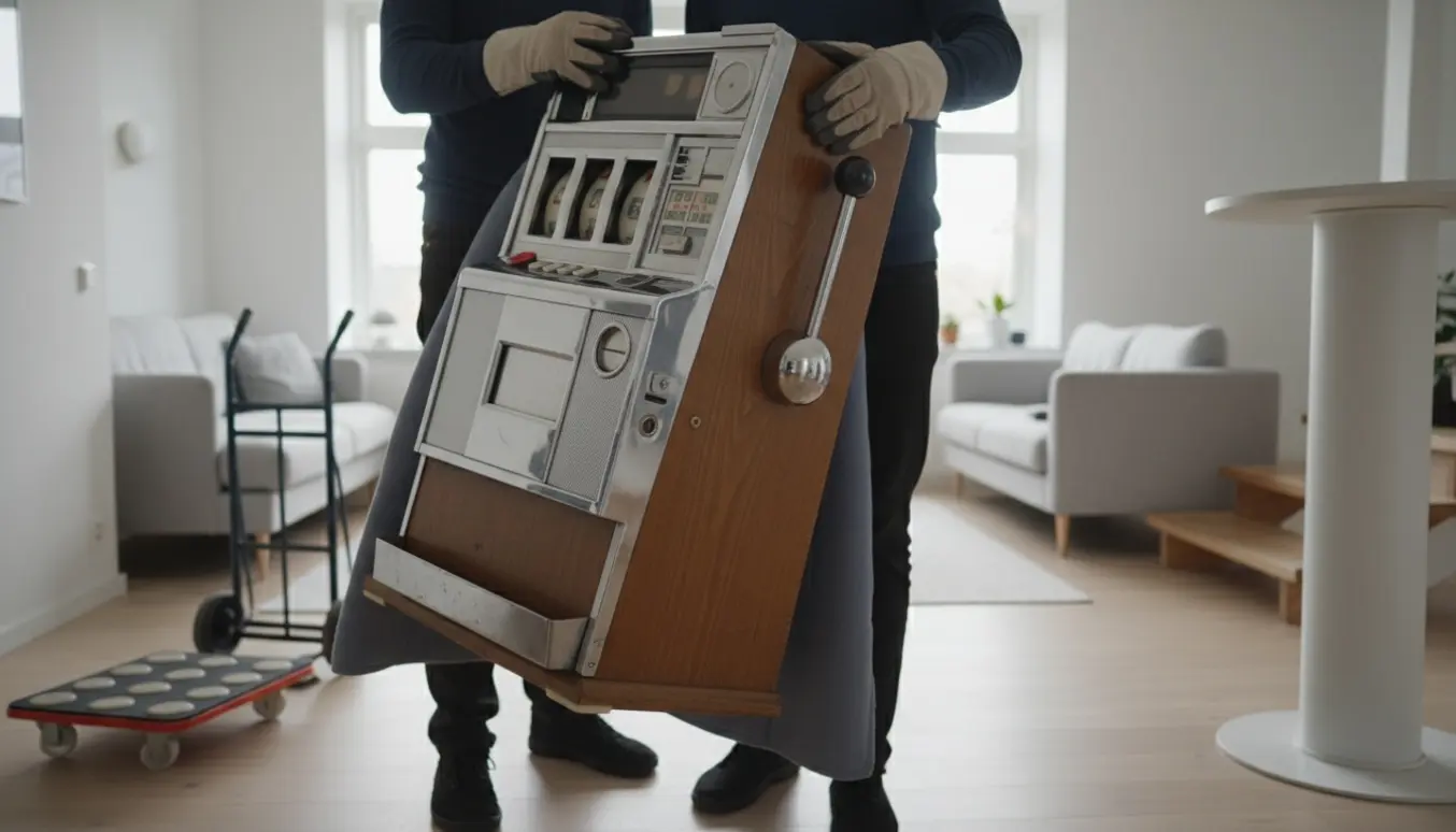 En spilleautomat løftes forsigtigt på plads på en søjle i en lys lejlighed, med flytteudstyr og hænder synlige uden ansigter.