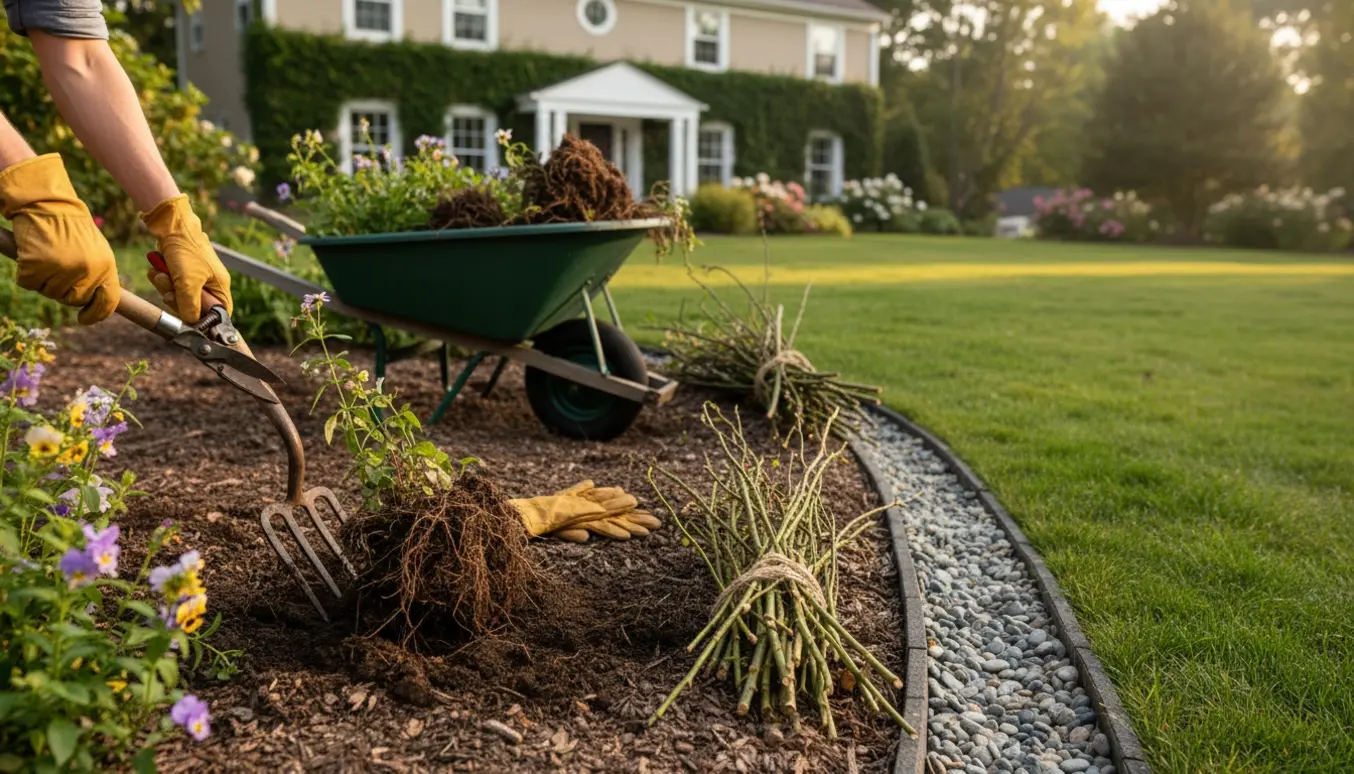 Handskerede hænder beskærer og opgraver stauder i en forhave med trillebør og en lille drænrende.