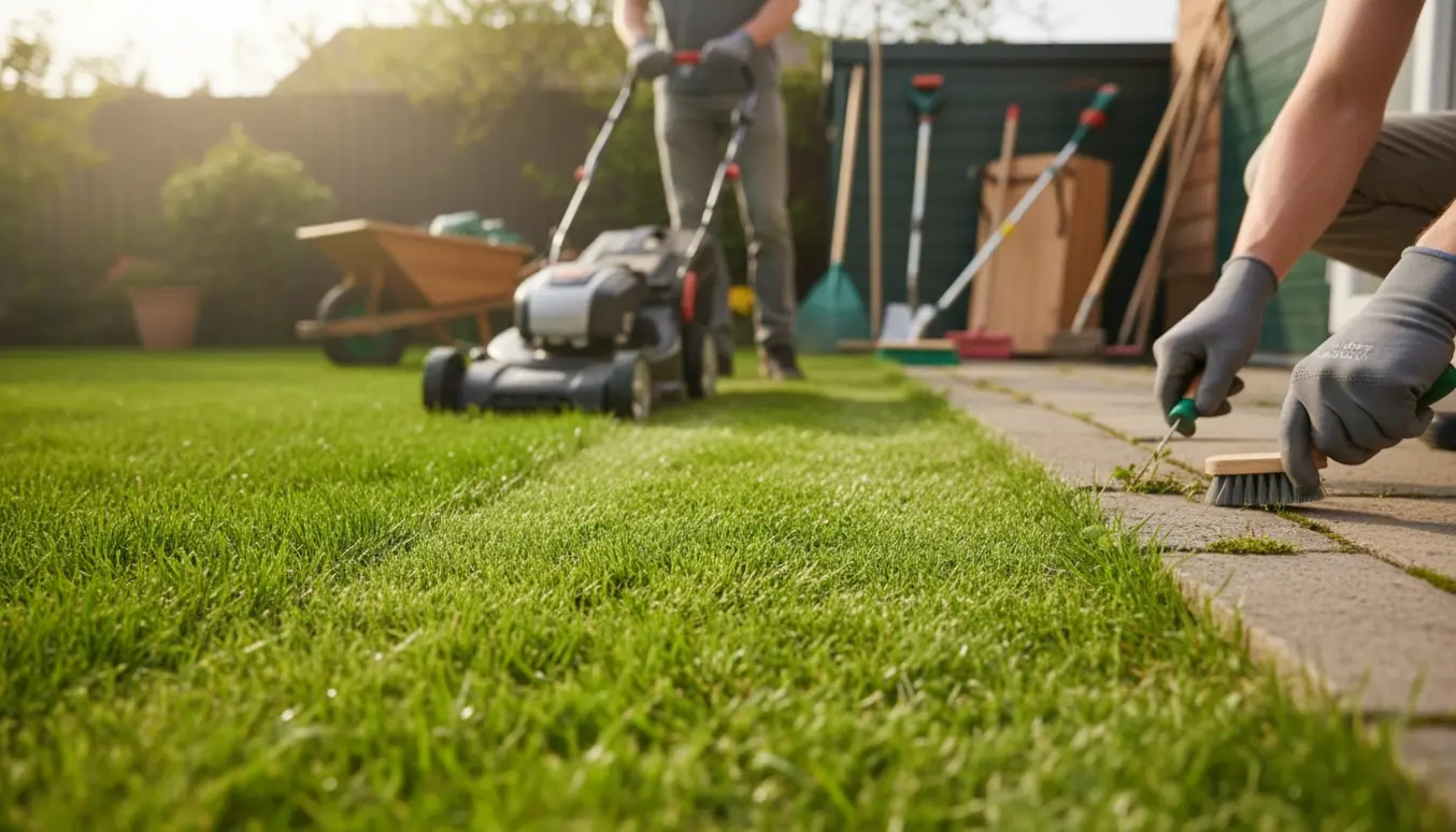 Første græsslåning i en forårshave med plæneklipper, redskaber og ukrudtsrensning mellem fliser.