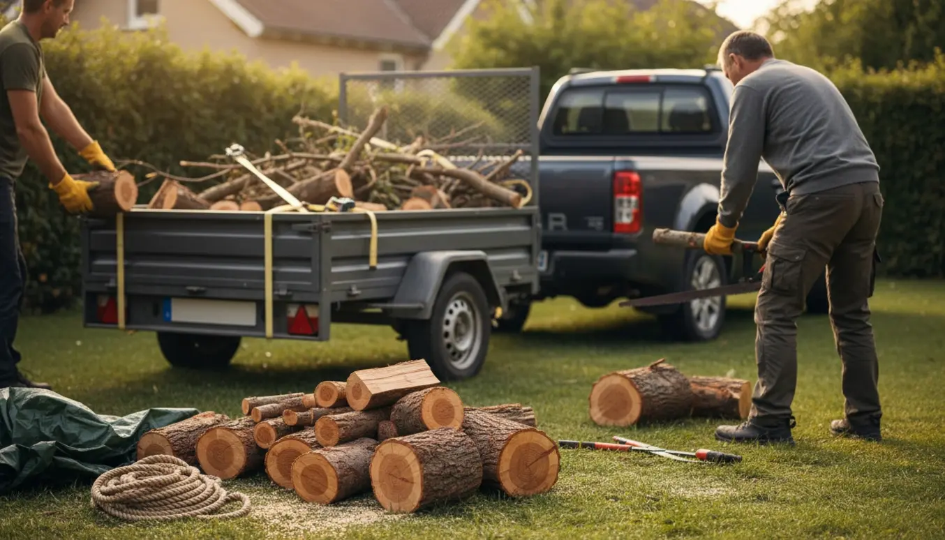 Afsavede træstammer og grene læsses i en trailer i en have, klar til bortkørsel.