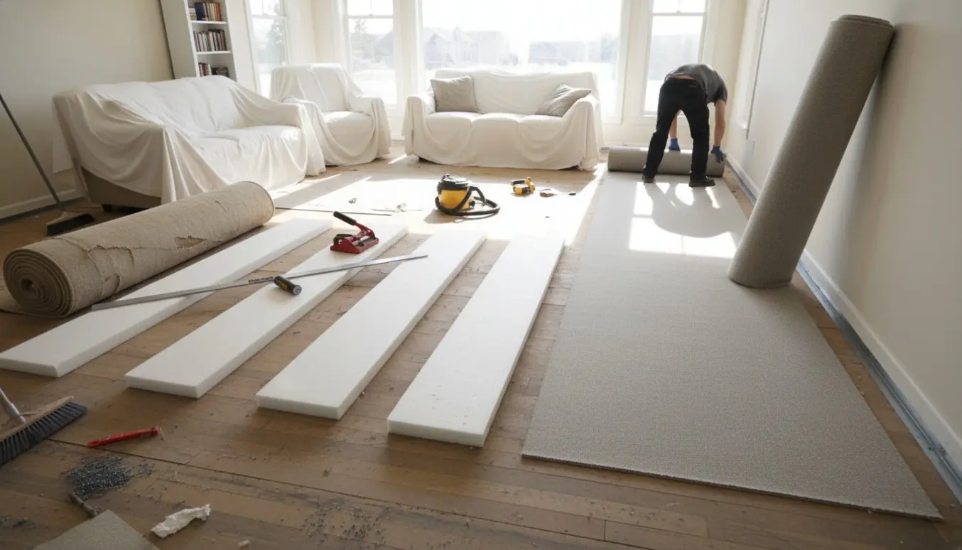 Nyt gulvtæppe rulles ud i et lyst, stort rum med fjernet gammelt tæppe og værktøj.