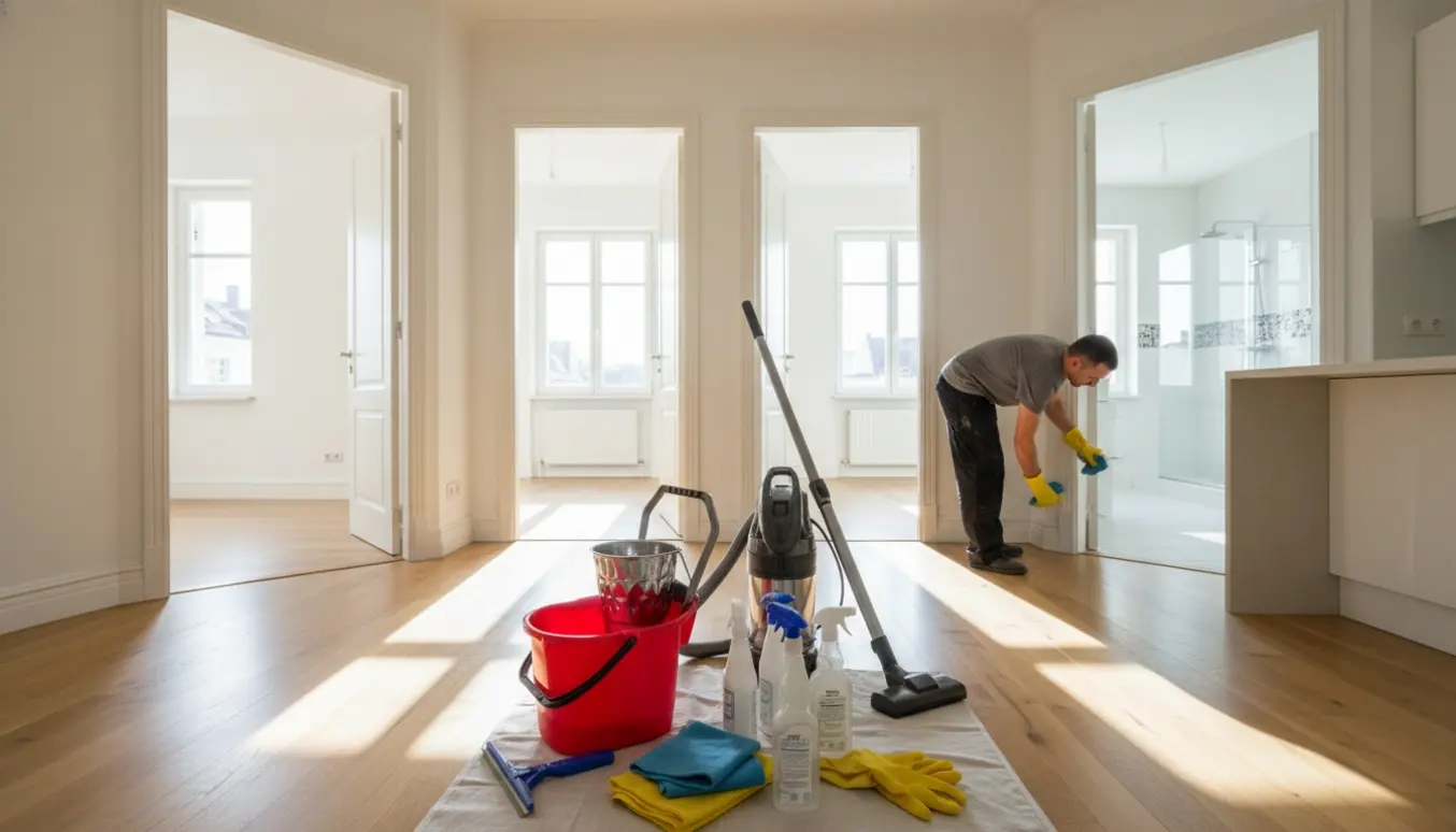 Professionel fraflytningsrengøring af en lys 5-værelses lejlighed med moppe, støvsuger og rengøringsudstyr.