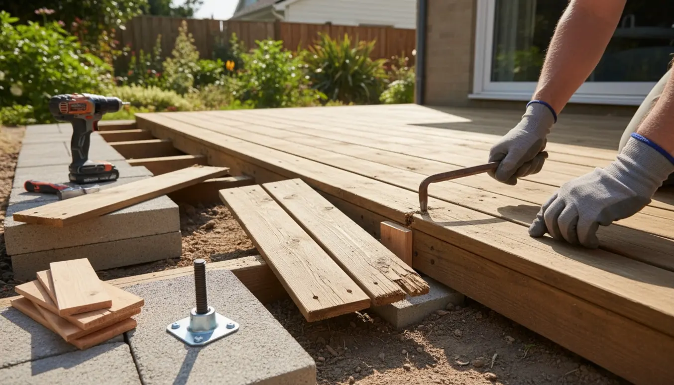 Nærbillede af hænder, der stabiliserer en vuggende træterrasse med kiler, fliser og nyt bræt.