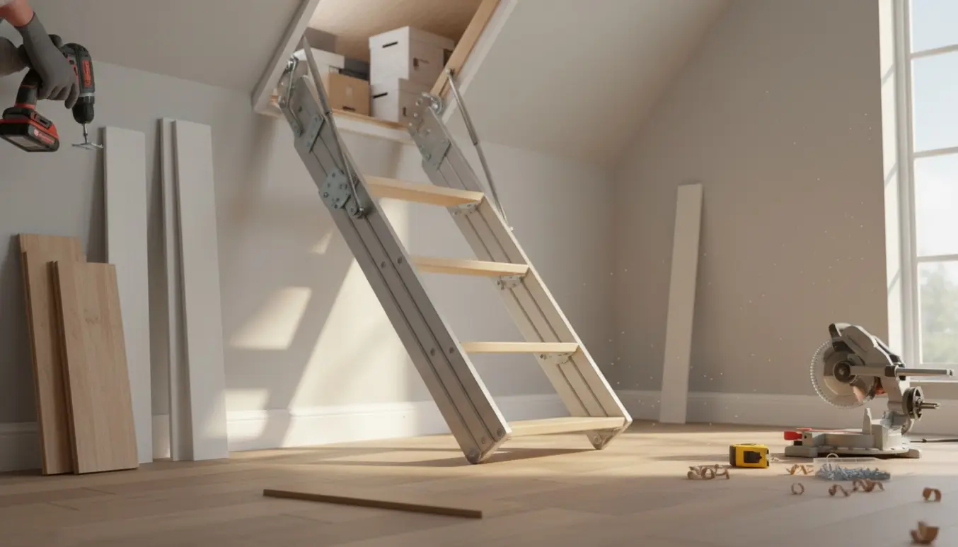 Åben loftlem med udtrækkelig trappe, nyt trægulv og håndværkerhænder, der monterer fodpaneler.