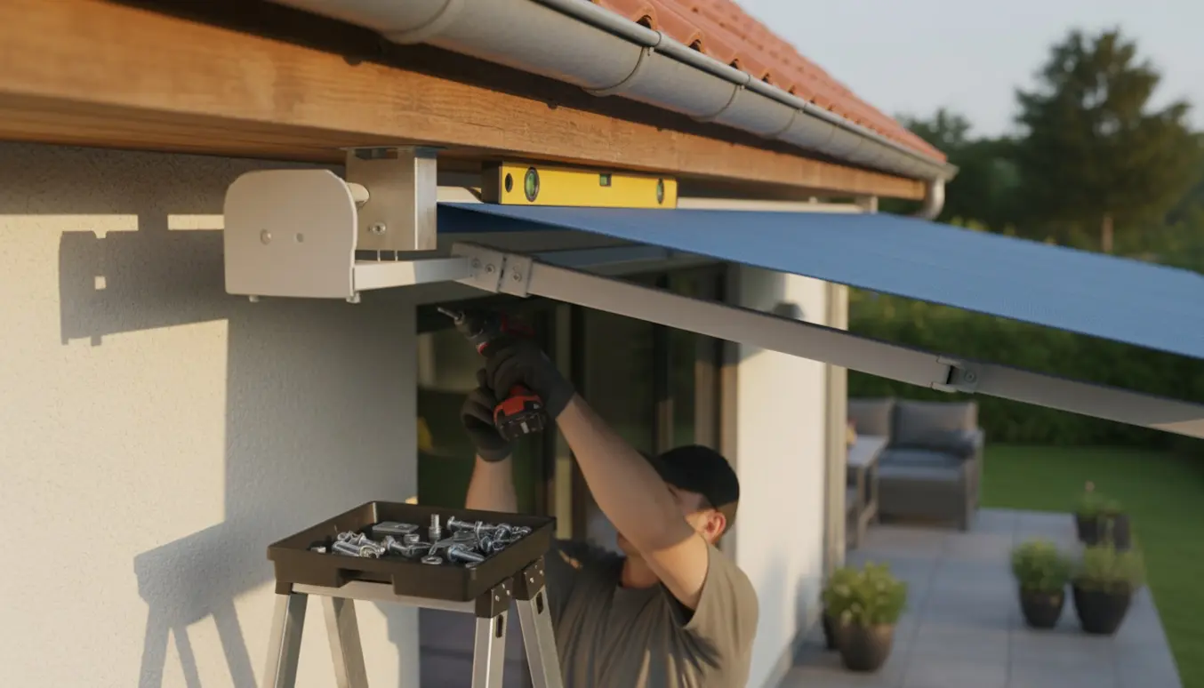 Hænder i arbejdshandsker monterer en markise med spærbeslag under husets tag.