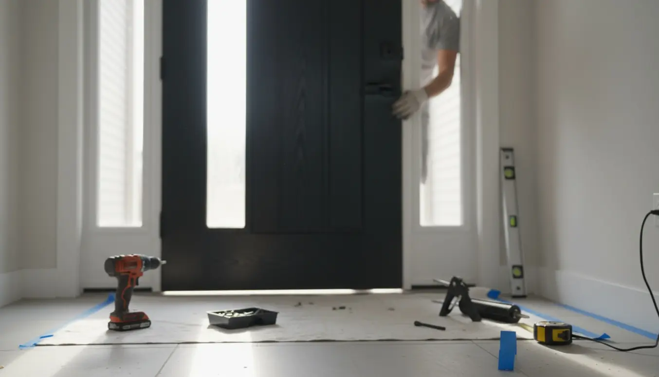 Delvist monteret New Yorker‑inspireret yderdør i entré med værktøj og naturligt morgenlys.