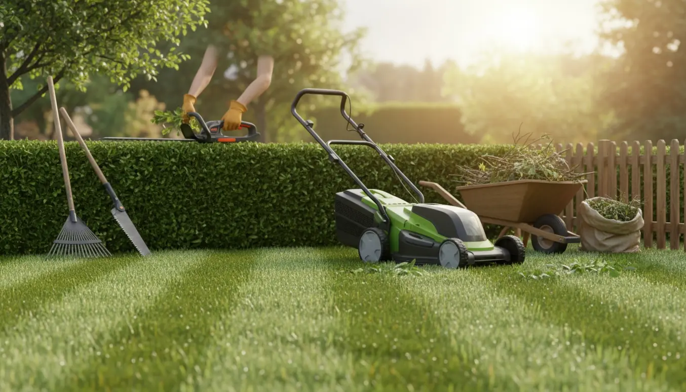 Nyklippet græs og hæk med beskæring af grene og haveredskaber samlet i haven.