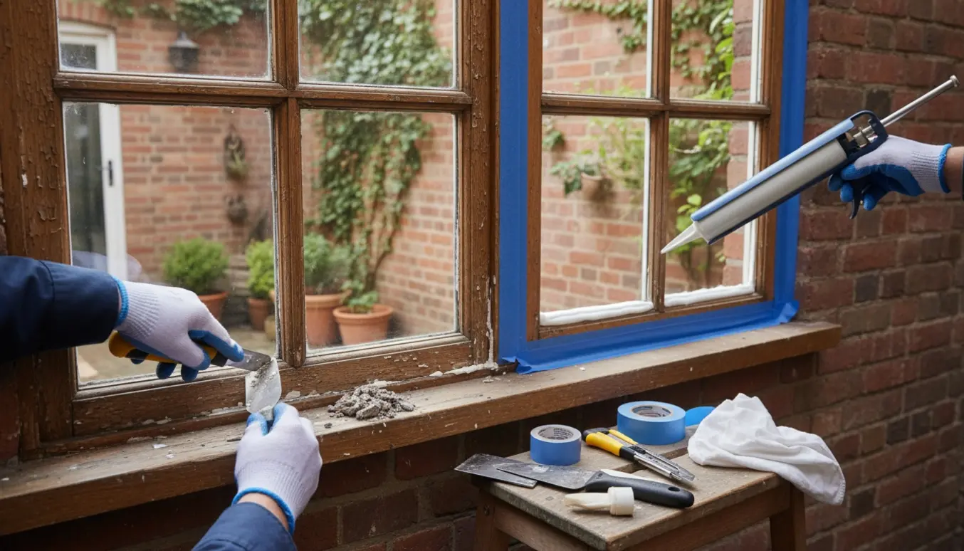 Hænder udskifter elastiske fuger ved to trævinduer på gårdsiden med fugepistol og værktøj.