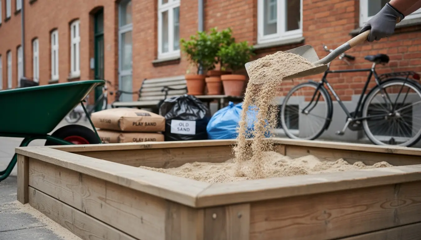 En sandkasse i en gård bliver fyldt med nyt sand med trillebør og skovl, uden synlige ansigter.