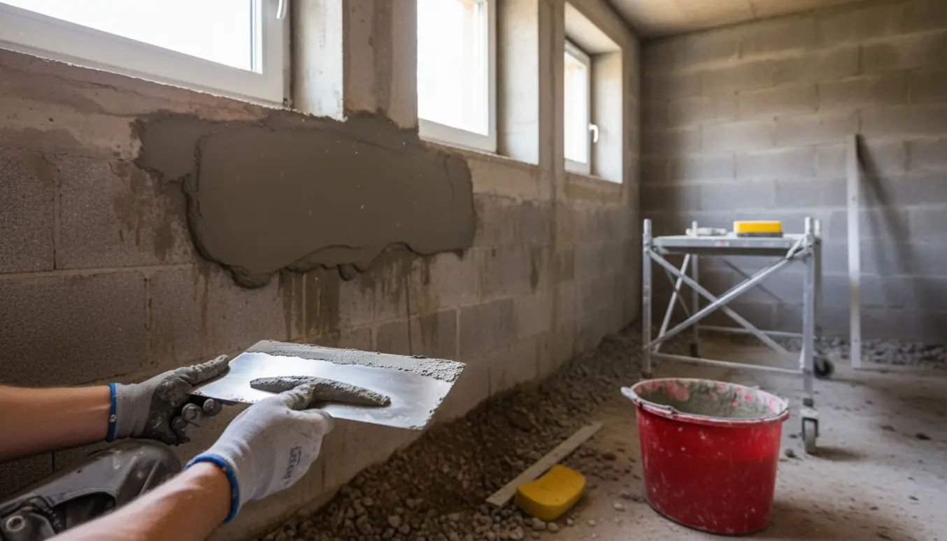 Hænder pudser tre vinduespartier i en udgravet kælder med frisk mørtel.