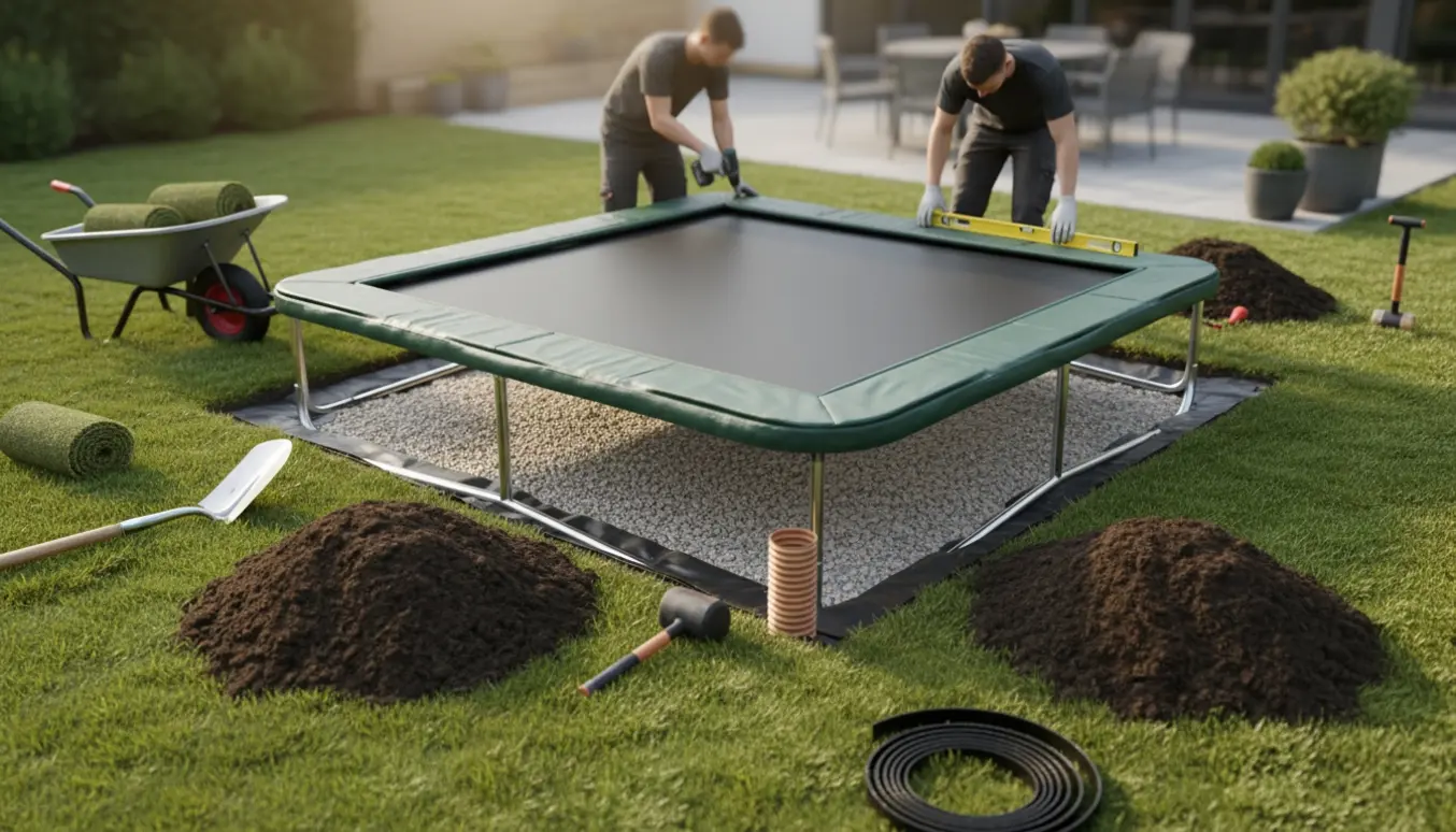 Firkantet trampolin under nedgravning i have med jord, værktøj og personer uden synlige ansigter.