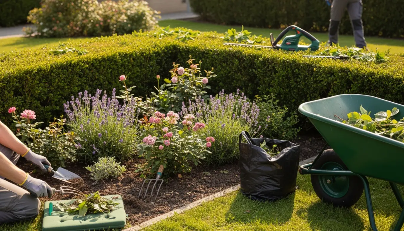 Nærfoto af lugning og hæklipning i en hjørnehave med haveredskaber og friske afklip.