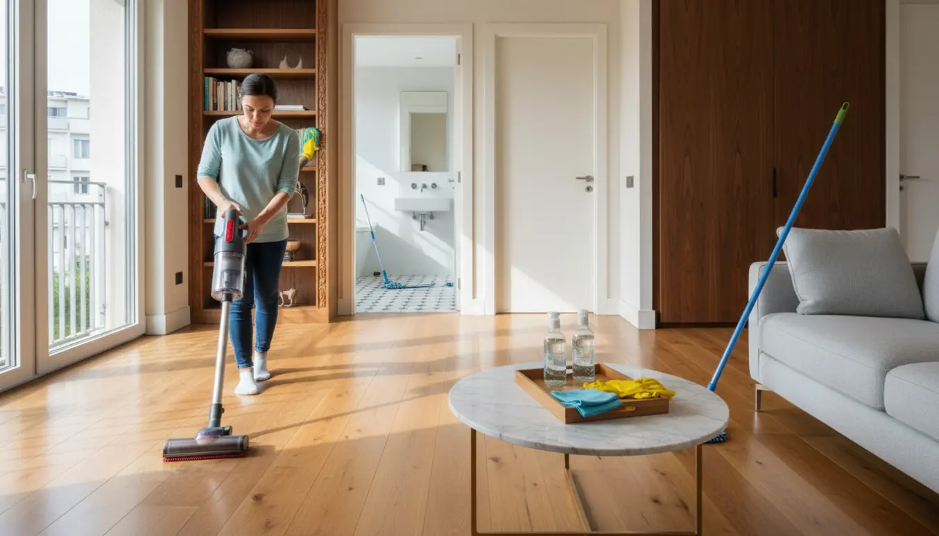 Lys, moderne lejlighed hvor gulv støvsuges og overflader tørres af med rengøringsmidler samlet på et bord.