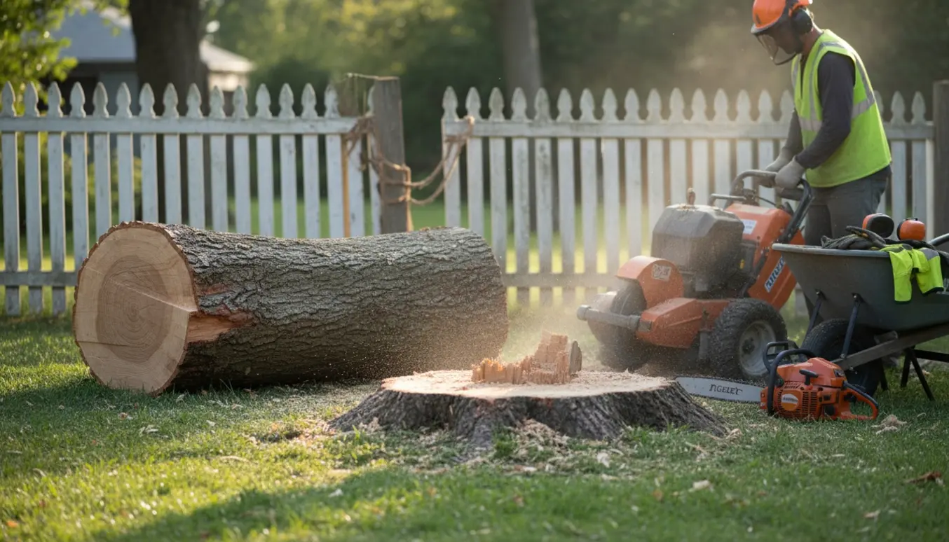 Stubbefræsning og fældede træstammer i en parcelhave ved et hvidt stakit.