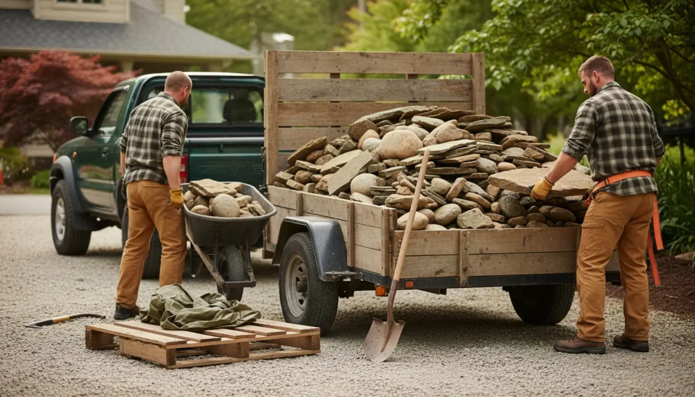 Åben trailer fyldt med natursten klar til afhentning, arbejdere læsser uden synlige ansigter.
