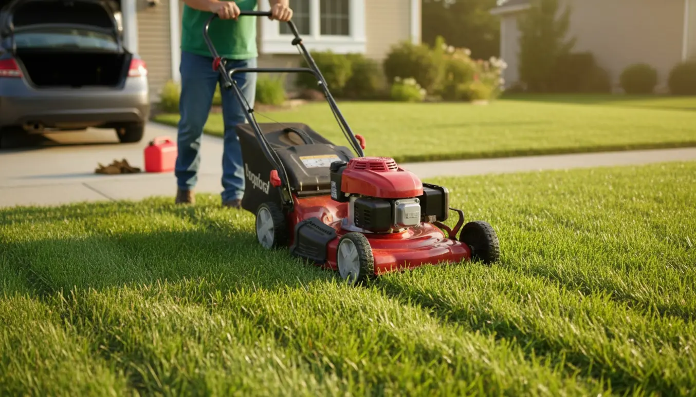 Person triller sin egen plæneklipper fra indkørslen og slår græsset på en solrig villagræsplæne.