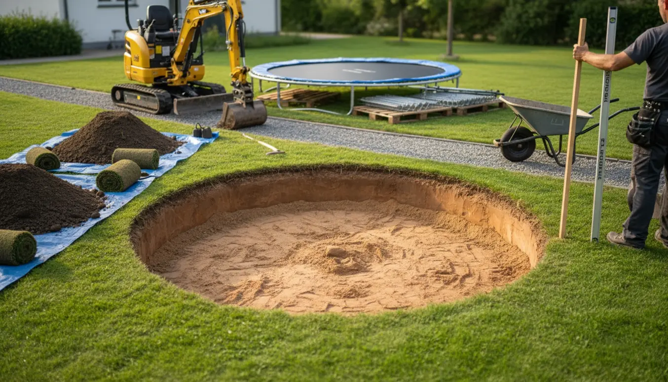 Udgravning af en rund trampolingrop i en baghave med minigraver og trampolindedel klar til installation.