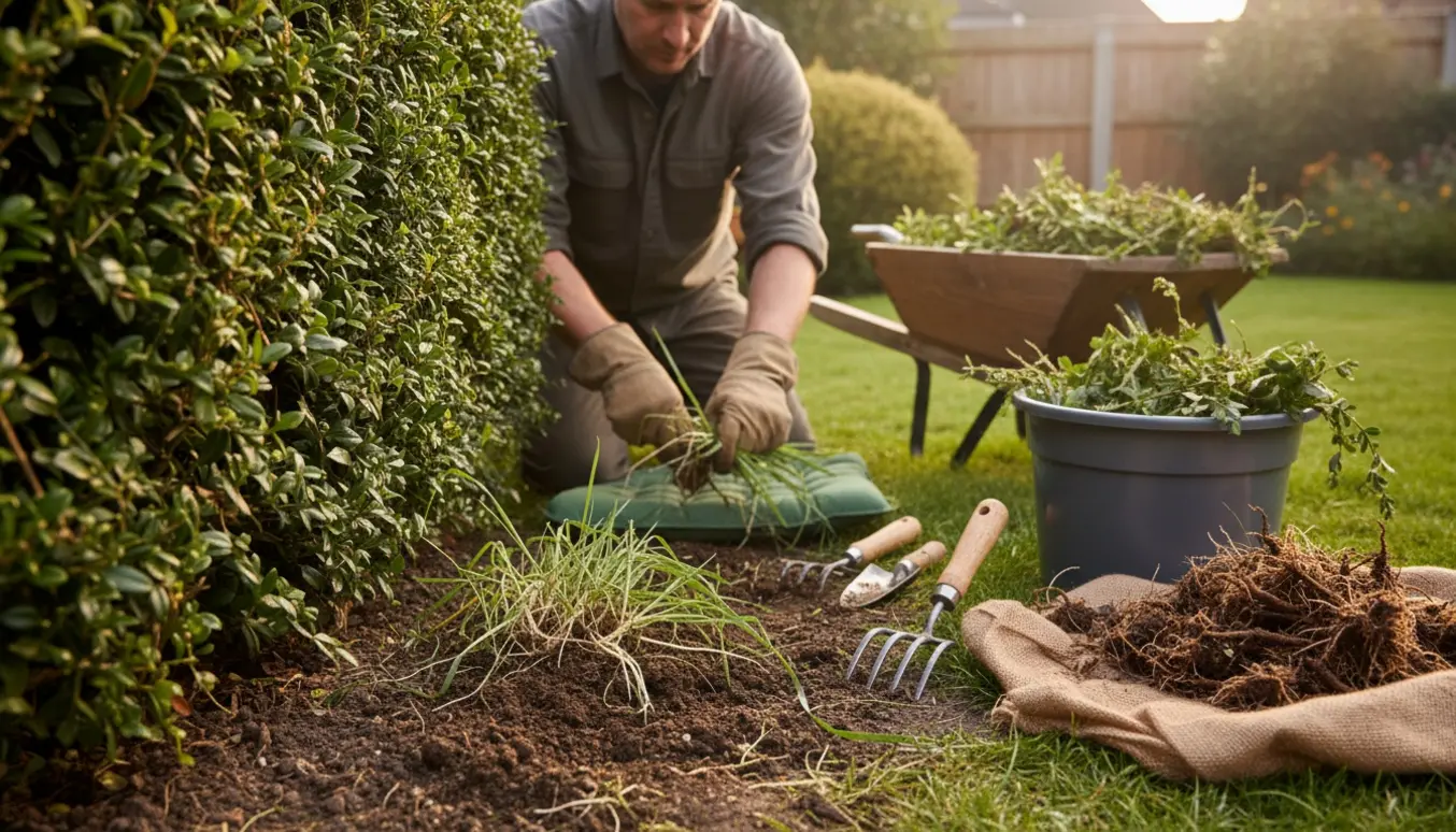 Havemand luger ukrudt ved bunden af en velplejet ligusterhæk med handværktøj.