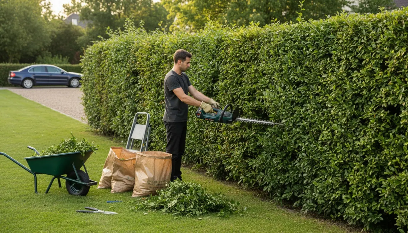 Ligusterhæk under klipning med nypudset side, værktøj og poser med afklip på græsset.